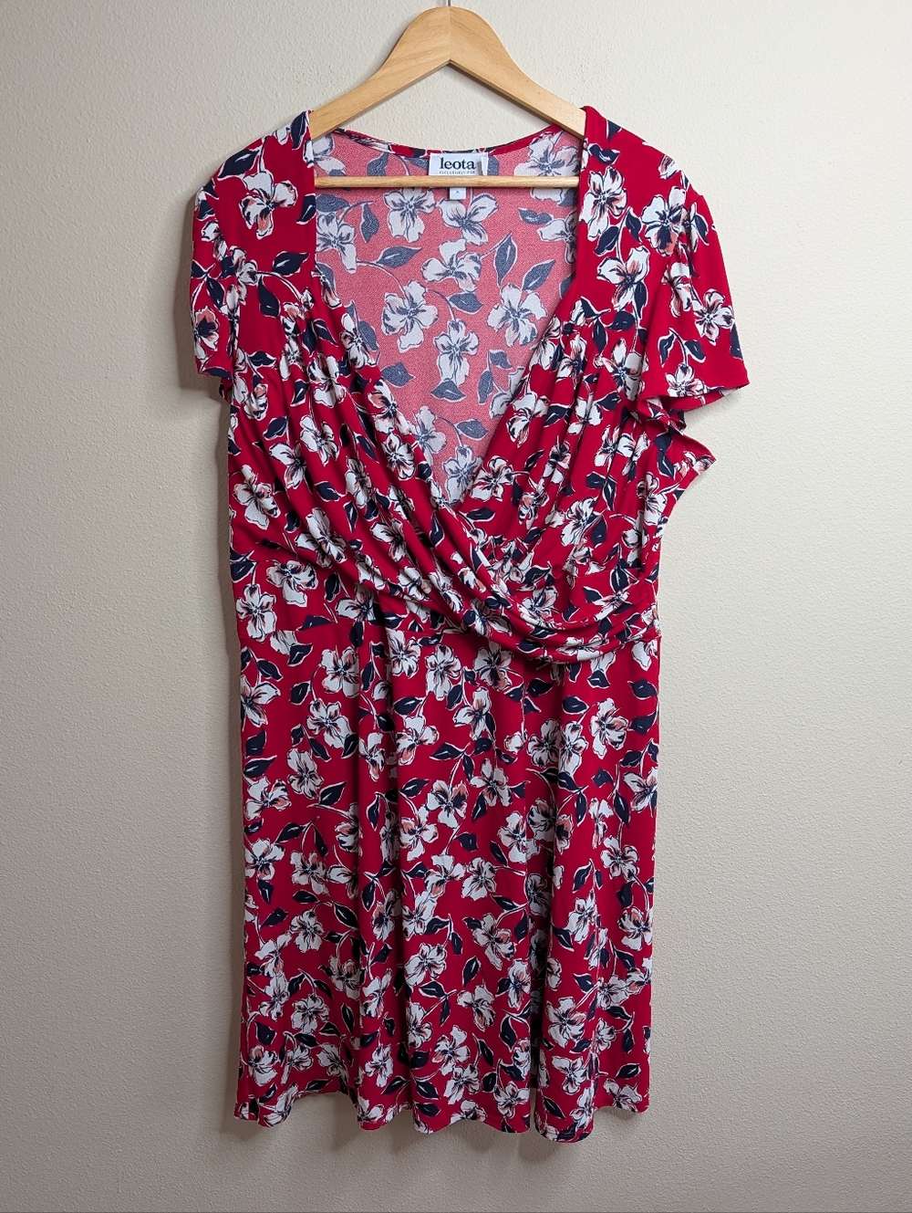 Leota x Dia & Co Floral Wrap Dress 3L Red Navy‎ Faux Wrap Plus Size USA
